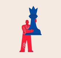 Man holds big chess figure. smart decisions making concept. Colorful illustration vector