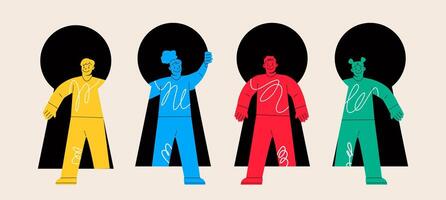 Group of man and woman walking through the giant keyhole. Self discovery and identity finding concept. Colorful illustration vector