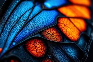 Hyperreal Vibrant Macro Closeup of a Butterfly Wing with Intricate Details and Neon Blue Orange Glow in a Surreal Fantasy Cyberpunk Digital Art Style for Abstract Nature and Creative Design Concepts photo