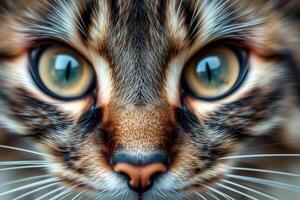 Hyperrealistic Macro Close Up of a Cat Face with Intense Staring Eyes and Detailed Fur in a Surreal Digital Art Style photo