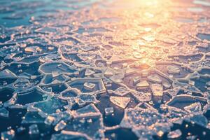 Golden Sunrise Over Frozen Ice Crystals with Abstract Geometric Patterns and Frosty Reflections in a Surreal Winter Landscape Photography photo