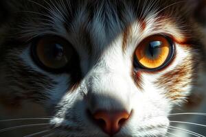 Hyperrealistic Digital Painting of a Cat Face with Mesmerizing Amber Eyes and Detailed Fur in a Dramatic Surreal Art Style photo