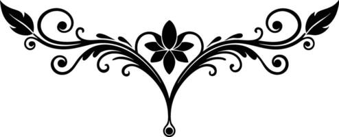 Black and white floral ornament, symmetrical design, decorative flourish, elegant swirls, intricate pattern, centered flower motif, graceful curves, botanical illustration vector