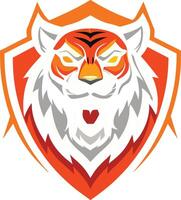 Stylized tiger logo, geometric design, orange and white color scheme, shield emblem, fierce expression, minimalist art style, graphics, bold lines, symmetrical composition, mascot symbol, vector