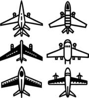 Aircraft icons, top-down view, simplified design, black and white, graphics, minimalist airplane silhouettes vector
