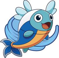 Cute cartoon fish character, big eyes, smiling expression, light blue and navy color scheme, orange belly, fin-like protrusions vector