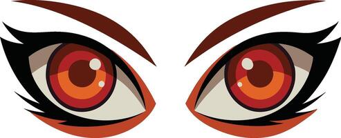 Anime eyes, fierce gaze, red and orange irises, almond-shaped, dramatic eyelashes, stylized eyebrows, sharp angles, intense expression vector