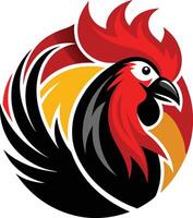 stylized rooster logo, bold colors, red and black feathers, yellow accent, fierce eye, sharp beak, circular design, vectorized illustration, minimalist art style, dynamic pose vector
