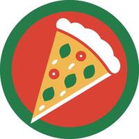 Pizza slice icon, flat design, circular badge, green border, red background, yellow pizza, white crust, green basil leaves vector