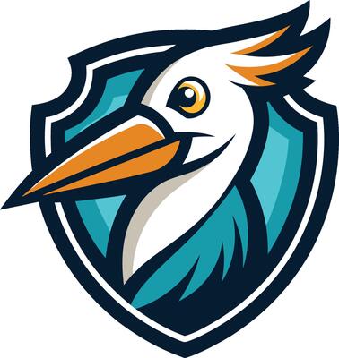 Stylized bird logo, shield shape, teal and orange colors, fierce pelican mascot, sharp beak, modern sports team emblem
