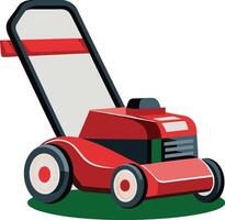 Lawn mower illustration, cartoon style, red and black color scheme, simple geometric shapes, clean lines, white background vector