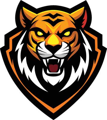 Tiger mascot, fierce expression, stylized logo, shield shape, orange and black, yellow eyes, sharp fangs, roaring tiger head, art, esports logo, bold lines