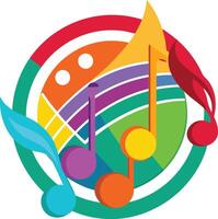Colorful music logo, vibrant rainbow colors, musical notes, circular design, abstract shapes, geometric patterns, cheerful, energetic, playful, art style vector