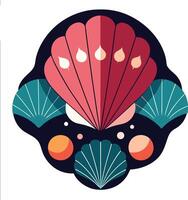 Stylized seashell composition, geometric shapes, art deco style, vibrant colors, pink and teal shells, symmetrical design, dark background, coral and orange accents vector