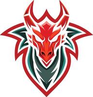 Dragon logo, fierce, stylized, red and teal, geometric shapes, symmetrical design, modern, bold, angular, mythical creature vector