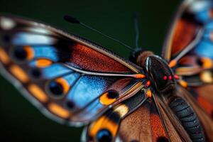 Hyperrealistic Macro Closeup of a Futuristic Butterfly with Vibrant Iridescent Blue and Orange Wings in a Surreal Digital Art Style Perfect for Nature Fantasy and Abstract Creative Concepts photo