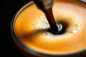 Macro Close Up of Freshly Brewed Espresso Pouring into a Cup with Rich Crema and Golden Foam in a High Contrast Gourmet Coffee Photography Perfect for Cafe Branding and Beverage Marketing photo