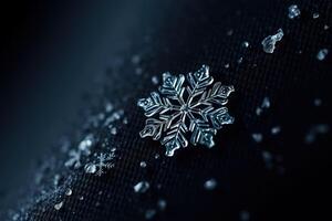 Macro Closeup of a Stunning Ice Snowflake on Dark Fabric Capturing Intricate Frost Crystals in a Hyperrealistic Digital Photography for Winter Holiday and Seasonal Art Concepts photo