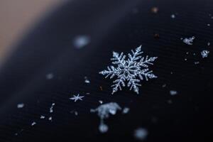 Delicate Snowflake Macro Closeup on Dark Background Capturing Intricate Frost Crystals in a Surreal and Artistic Winter Digital Photography for Seasonal and Holiday Design Concepts photo