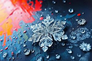 Intricate Frozen Snowflake with Water Droplets on a Vibrant Abstract Background in a Hyperrealistic Digital Art Style for Winter Holiday and Fantasy Design Concepts photo