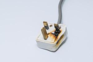 Blackened casing on power plug looming danger. Danger in standard appliance use, danger prompting swift replacement and professional advice to safeguard property photo