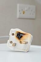 Burned 250V uk style socket and converter. Improper use of AC Power Plugs and Sockets cause of short circuit and fires at home photo