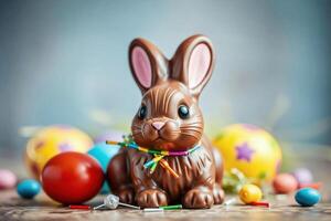 Glossy chocolate Easter bunny adorned with colorful garland sits among vibrant Easter eggs on rustic wooden surface, creating festive holiday atmosphere, close-up photo
