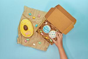 Local bakery displaying fresh Easter sweets and figolli biscuits. Local bakery fosters warm sense of community. Bakery fueling sweet gatherings with comforting dough aroma photo