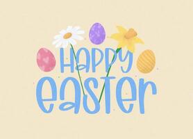 Happy easter lettering with eggs and flowers vector