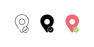 check pin icon set. Linear, silhouette and flat styles are editable. vector