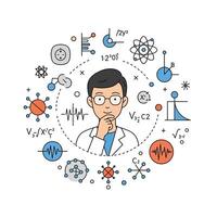 A man in glasses surrounded by science icons vector