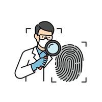 A man in a lab coat holding a magnifying glass over a fingerprint vector