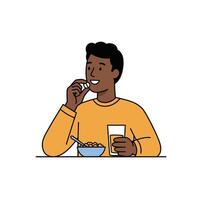A man eating cereal and drinking milk vector