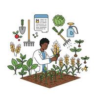 An illustration of a man in a lab coat and gardening tools vector