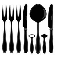 Set of flat black flatware, knife, fork, spoon, and knife vector