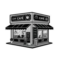 A black and white illustration of a cafe vector