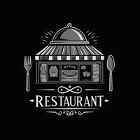 Restaurant logo design with a building and fork and knife vector