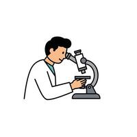 A man in a lab coat is looking through a microscope vector
