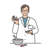 A man in a lab coat holding pills and a bowl vector
