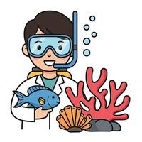 A cartoon man holding a fish and a scuba mask vector