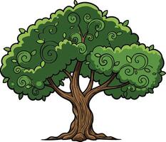 A Cartoon Tree With Green Leaves and Swirly Branches vector