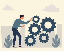 Flat illustration of a man adjusting interconnected gears, symbolizing teamwork, problem-solving, and efficiency. Ideal for business, engineering, and collaboration concepts vector