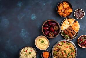 Various dishes of food are arranged on a table photo