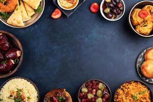 Various types of food are arranged in bowls photo