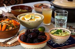 A table with bowls of food and drinks photo