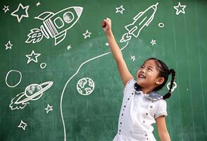 A young girl reaching up to a chalkboard with space and rocket drawings photo