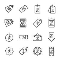 A set of black and white icons for sale items with a price tag and a percentage vector