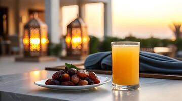 A glass of orange juice and dates on a table photo