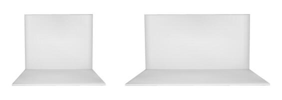 3d booth stand with white wall. Empty cube box interior for trade or fair show. Exhibit template with product display space. Small kiosk with panel inside. Store section view isolated area vector