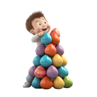Playful young boy stacking colorful easter eggs outdoor setting cartoon animation cheerful environment low angle view joyful concept png